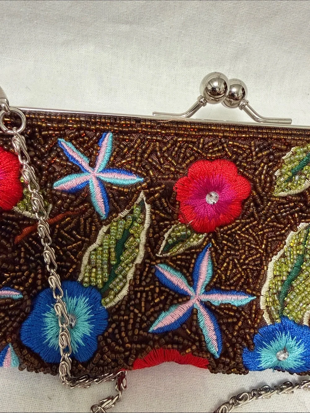 Beaded Floral Embroidered Evening Clutch - Brown with Red & Blue Flowers